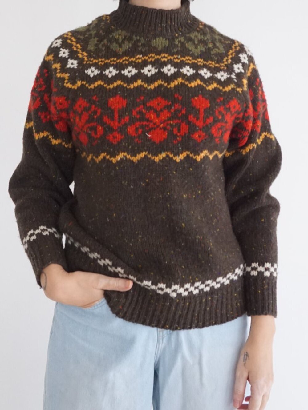 Women’s Crewneck Fair Isle Sweater - Brown with Red & Gold Pattern